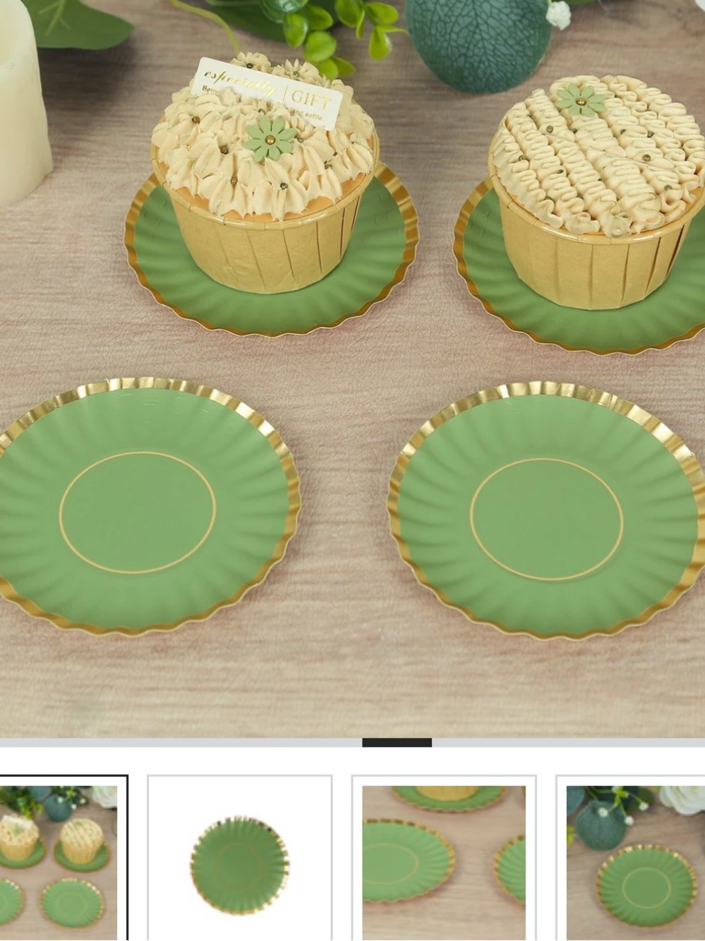 NIB 50-Pack Round Dessert Paper Plates 3.5" Sage Green with Gold Scalloped Rim